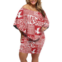 Red Tonga Kilisimasi Fiefia Off Shoulder Short Dress Pacific Patchwork Xmas Vibes LT9 Women Red - Polynesian Pride