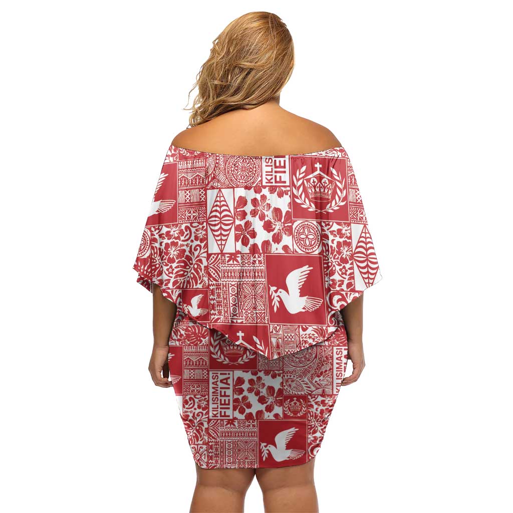 Red Tonga Kilisimasi Fiefia Off Shoulder Short Dress Pacific Patchwork Xmas Vibes LT9 - Polynesian Pride