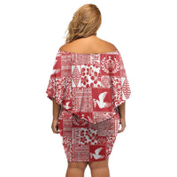 Red Tonga Kilisimasi Fiefia Off Shoulder Short Dress Pacific Patchwork Xmas Vibes LT9 - Polynesian Pride