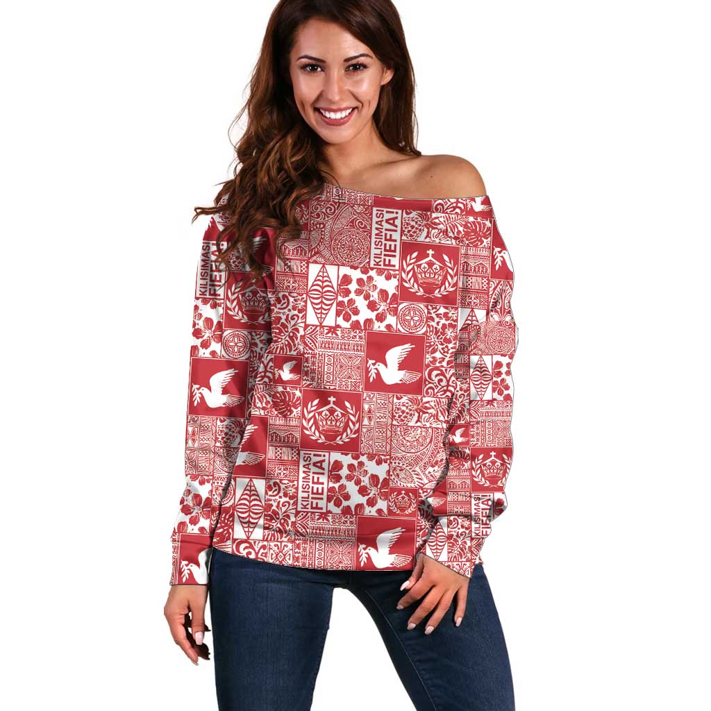 Red Tonga Kilisimasi Fiefia Off Shoulder Sweater Pacific Patchwork Xmas Vibes LT9 Women Red - Polynesian Pride