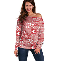 Red Tonga Kilisimasi Fiefia Off Shoulder Sweater Pacific Patchwork Xmas Vibes LT9 Women Red - Polynesian Pride