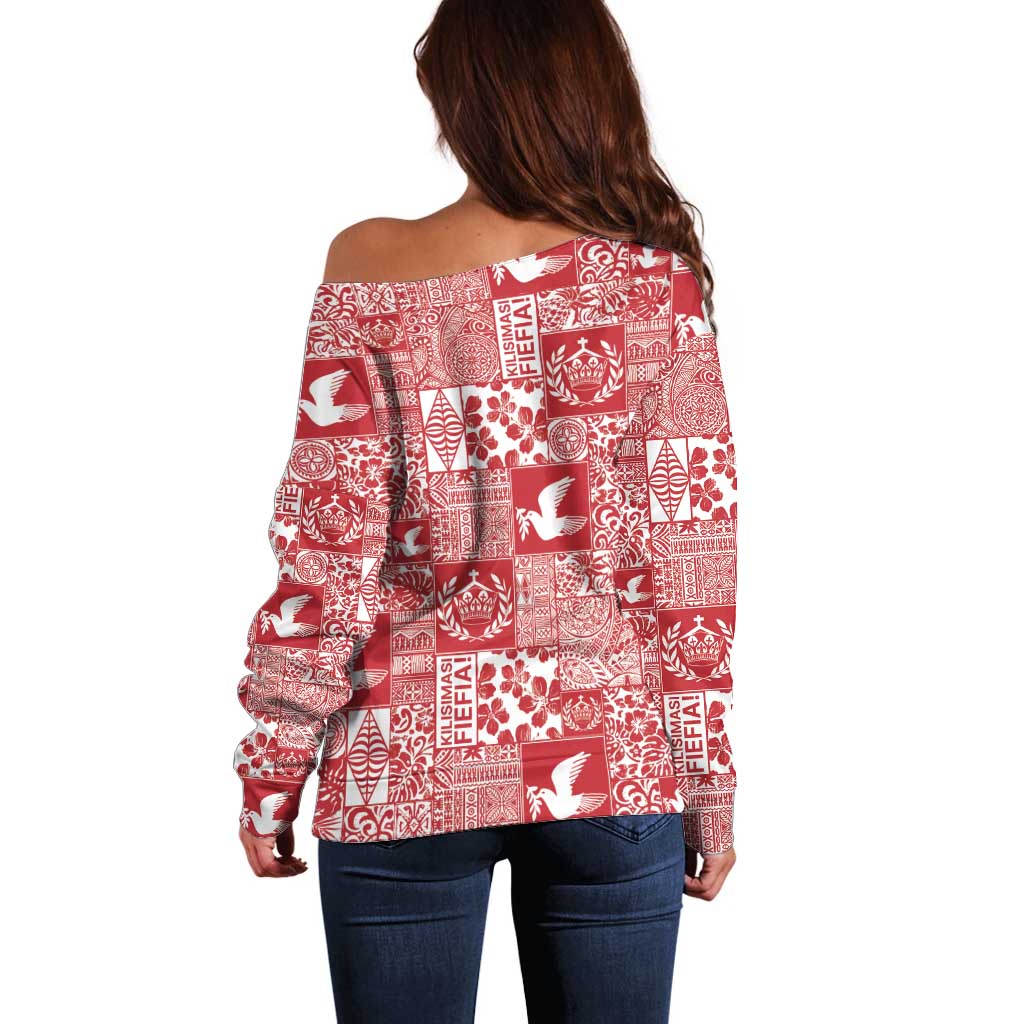 Red Tonga Kilisimasi Fiefia Off Shoulder Sweater Pacific Patchwork Xmas Vibes LT9 - Polynesian Pride