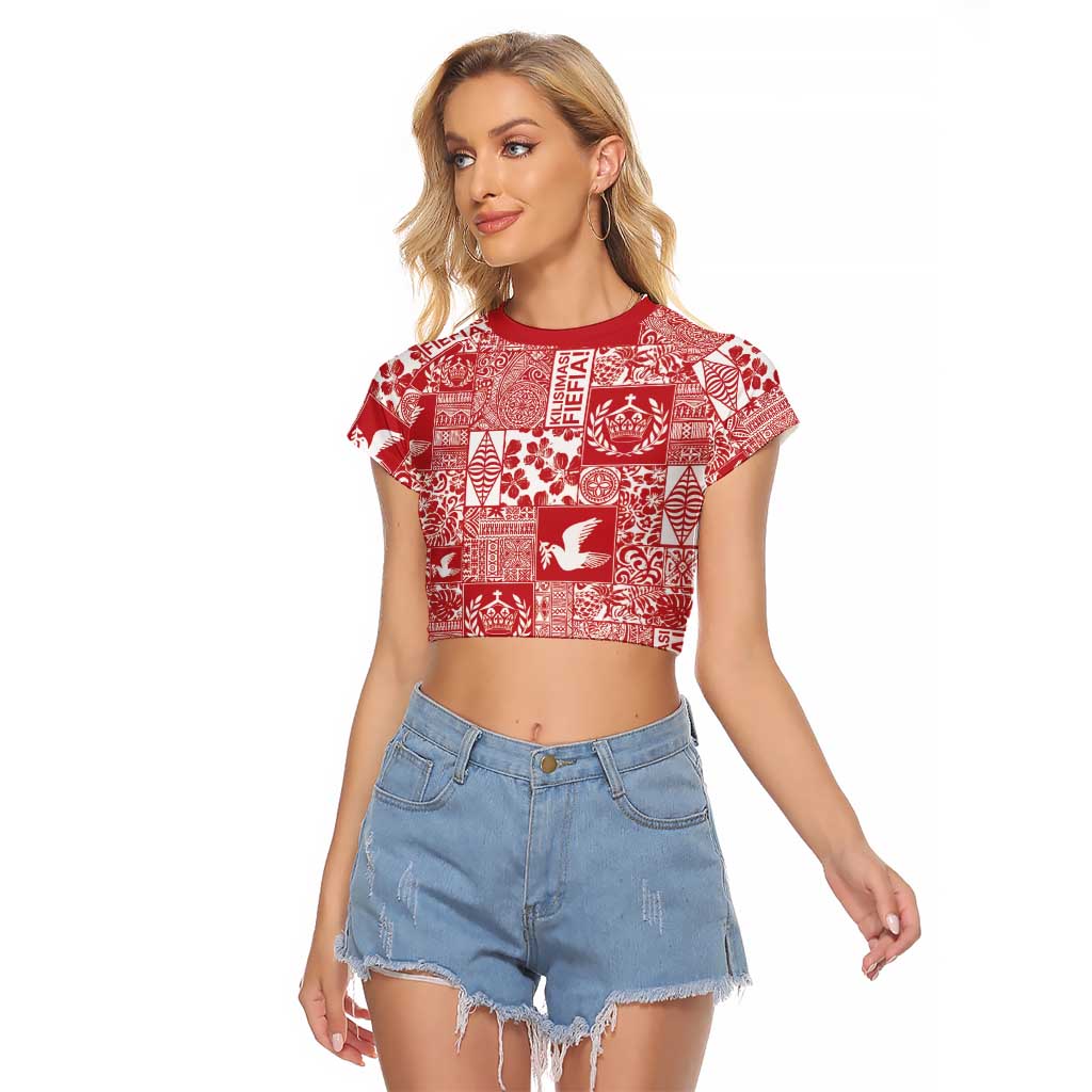Red Tonga Kilisimasi Fiefia Raglan Cropped T Shirt Pacific Patchwork Xmas Vibes - Polynesian Pride