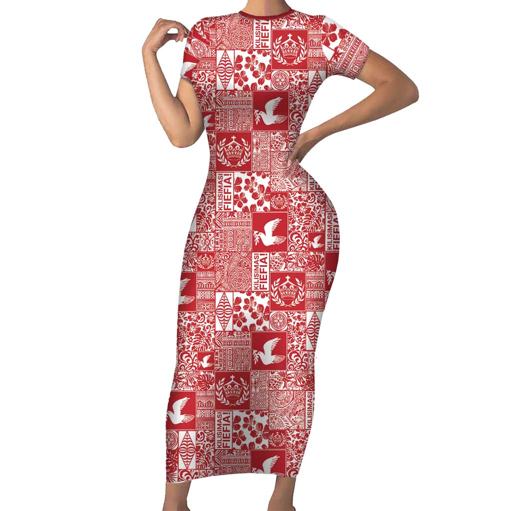 Red Tonga Kilisimasi Fiefia Short Sleeve Bodycon Dress Pacific Patchwork Xmas Vibes LT9 Long Dress Red - Polynesian Pride