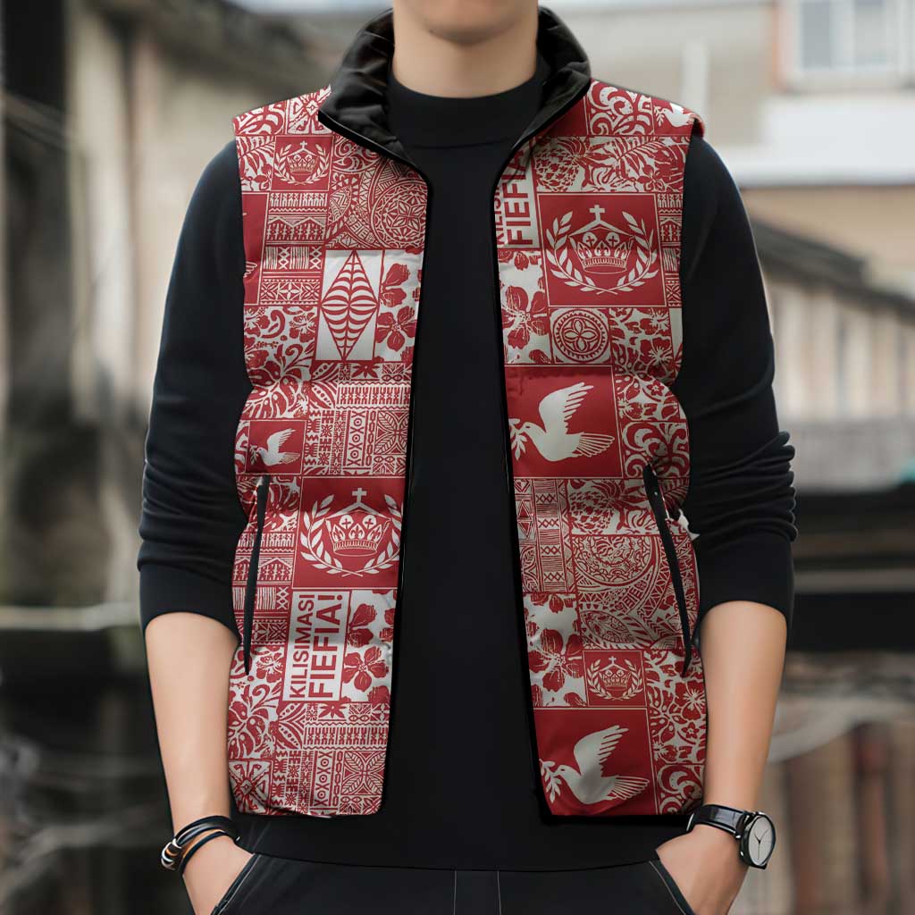 Red Tonga Kilisimasi Fiefia Sleeveless Puffer Jacket Pacific Patchwork Xmas Vibes - Polynesian Pride