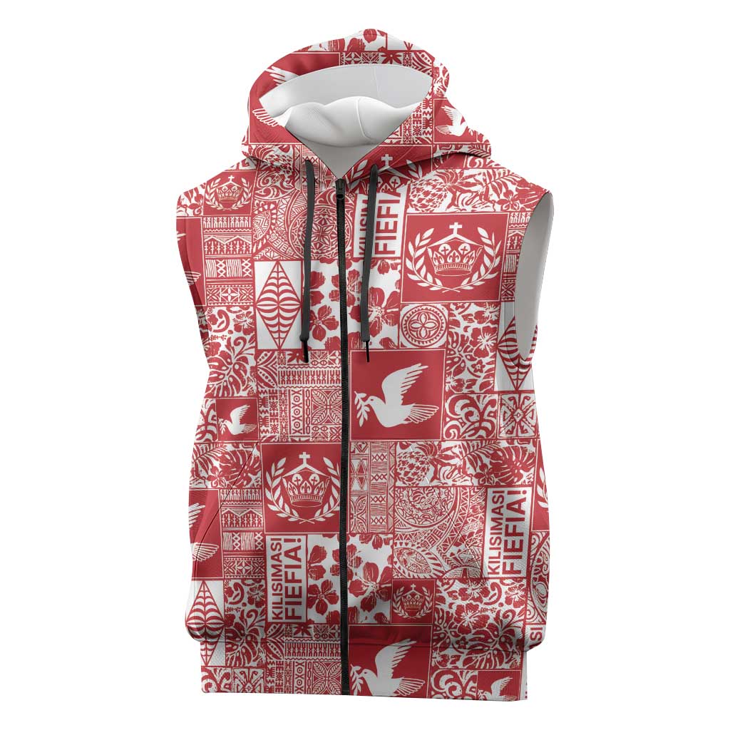 Red Tonga Kilisimasi Fiefia Sleeveless Zip Hoodie Pacific Patchwork Xmas Vibes - Polynesian Pride