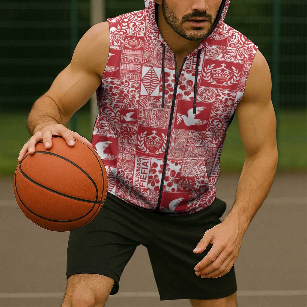 Red Tonga Kilisimasi Fiefia Sleeveless Zip Hoodie Pacific Patchwork Xmas Vibes - Polynesian Pride