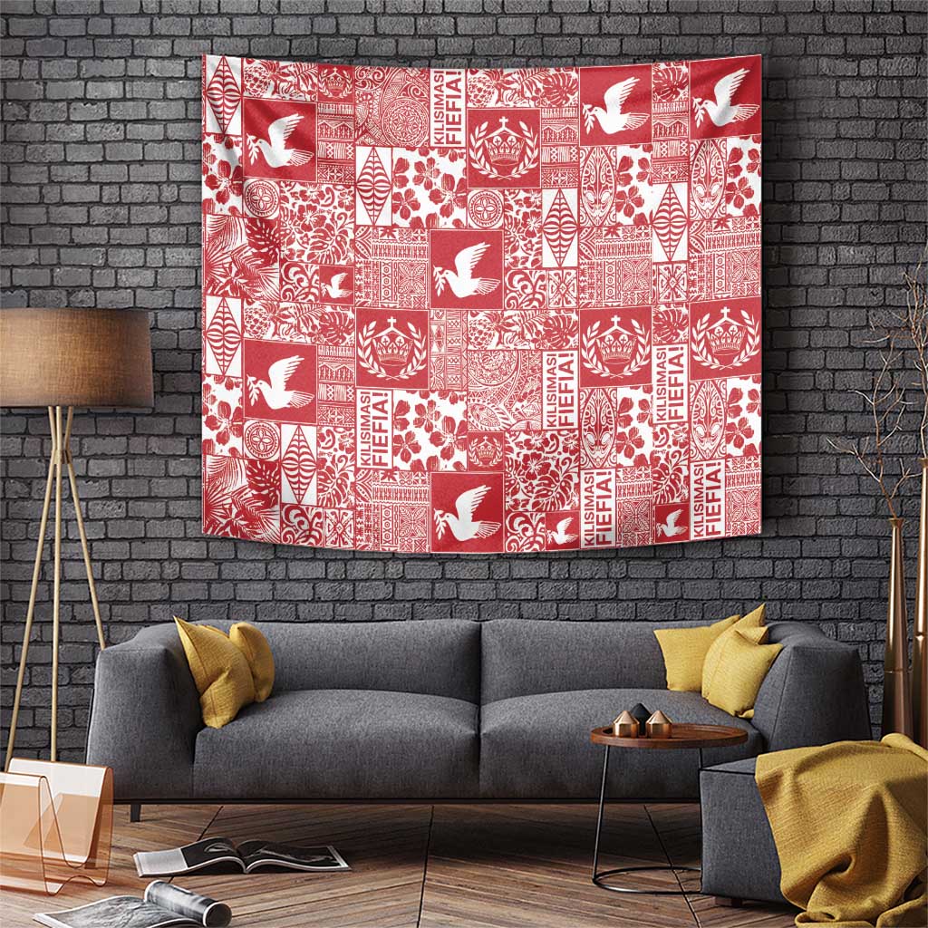 Red Tonga Kilisimasi Fiefia Tapestry Pacific Patchwork Xmas Vibes - Polynesian Pride