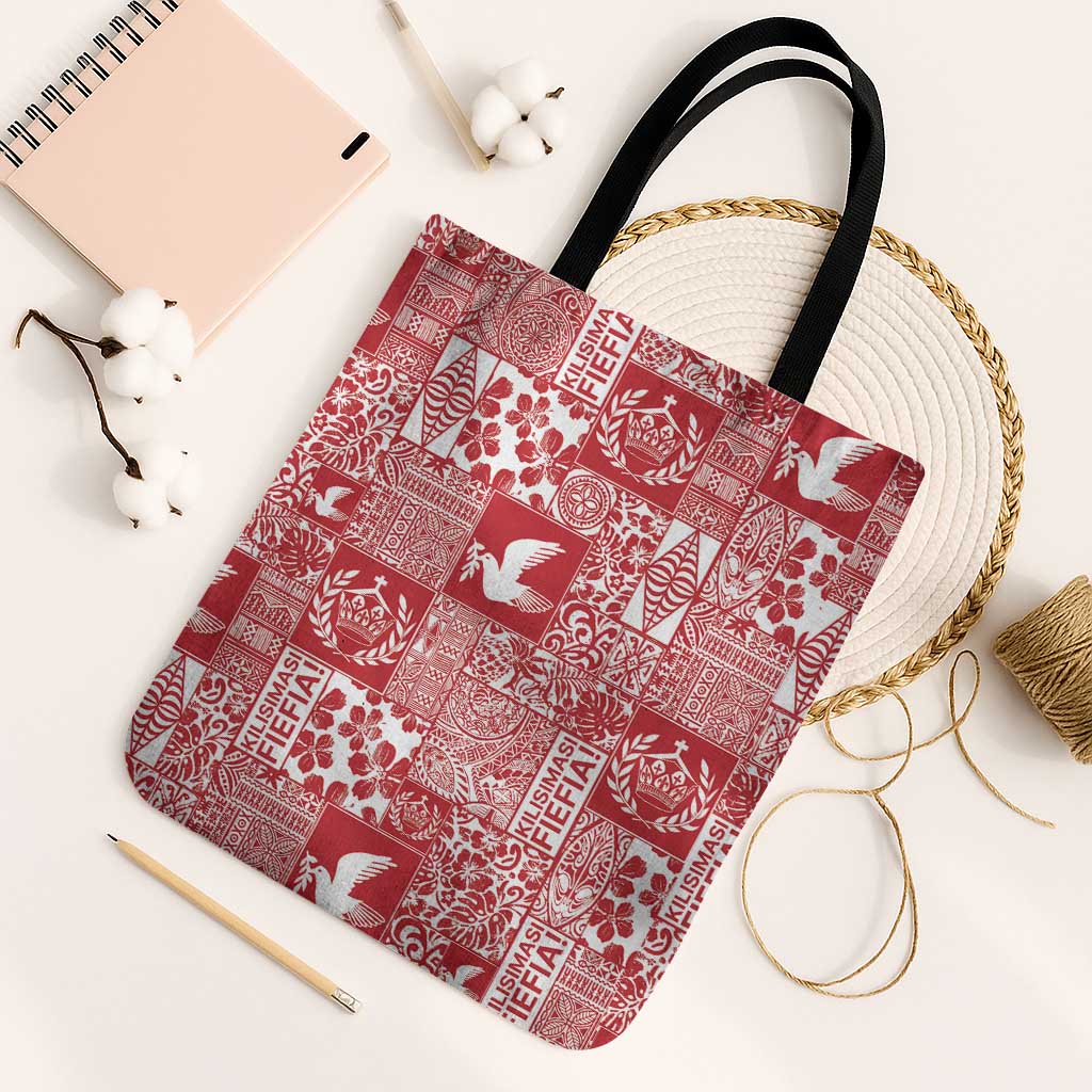 Red Tonga Kilisimasi Fiefia Tote Bag Pacific Patchwork Xmas Vibes - Polynesian Pride