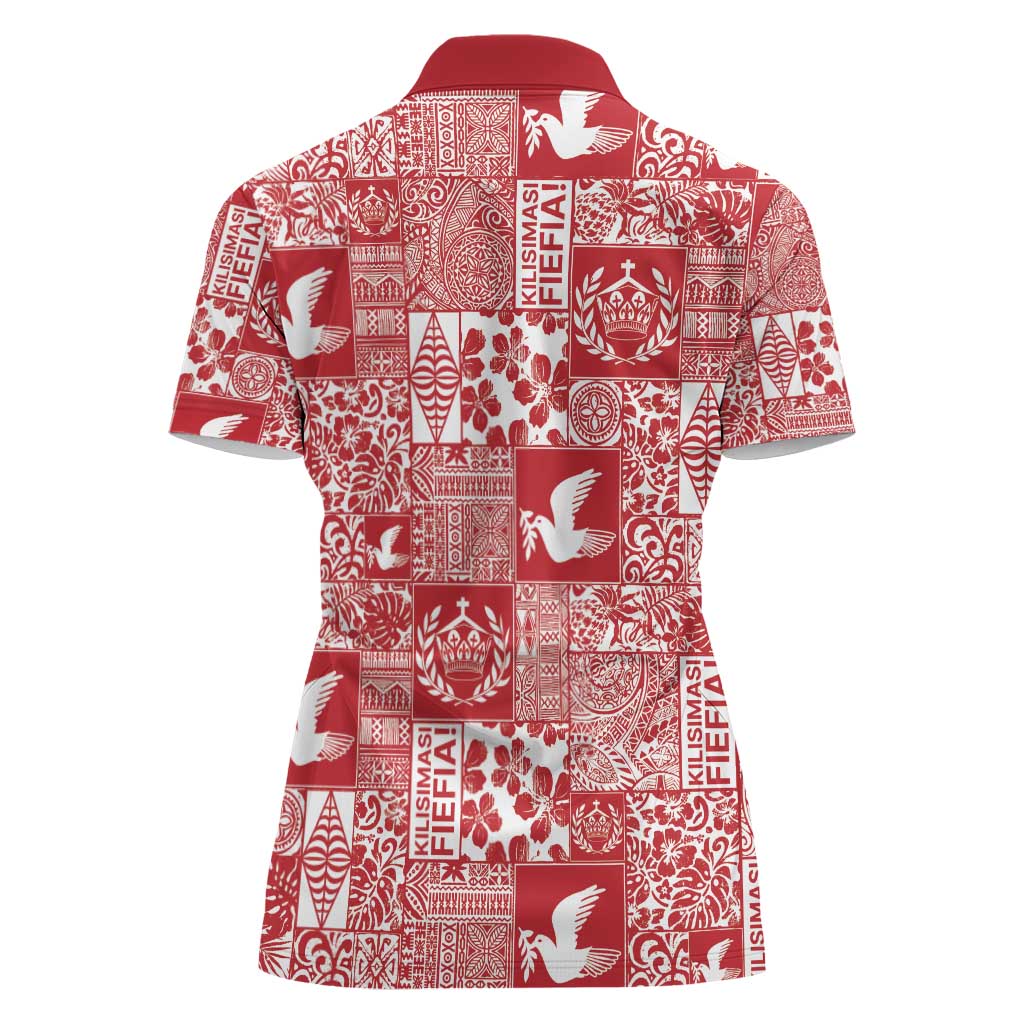 Red Tonga Kilisimasi Fiefia Women Polo Shirt Pacific Patchwork Xmas Vibes - Polynesian Pride
