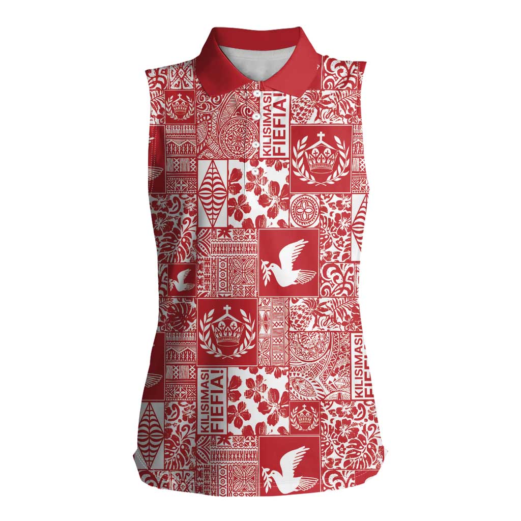 Red Tonga Kilisimasi Fiefia Women Sleeveless Polo Shirt Pacific Patchwork Xmas Vibes LT9 Female Red - Polynesian Pride