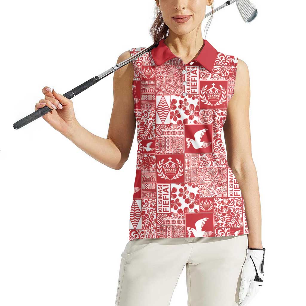 Red Tonga Kilisimasi Fiefia Women Sleeveless Polo Shirt Pacific Patchwork Xmas Vibes - Polynesian Pride
