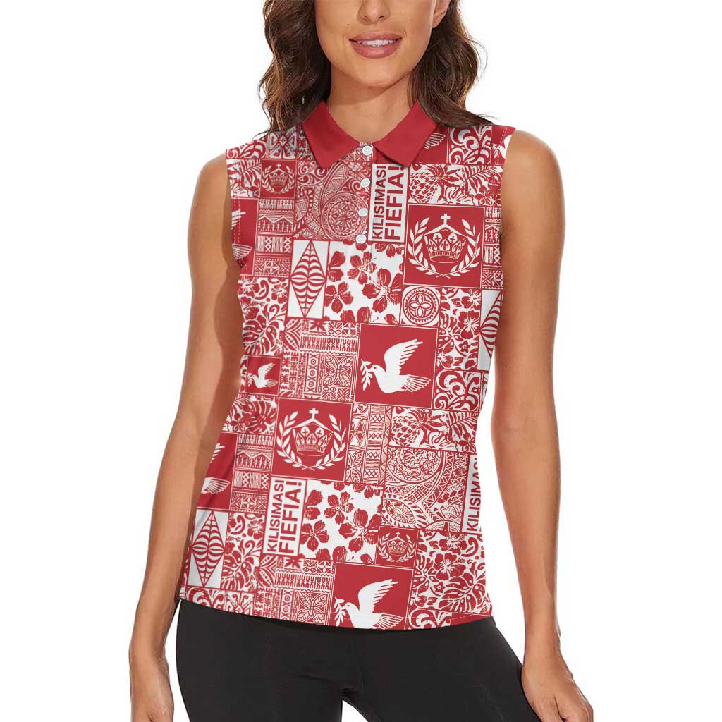 Red Tonga Kilisimasi Fiefia Women Sleeveless Polo Shirt Pacific Patchwork Xmas Vibes - Polynesian Pride