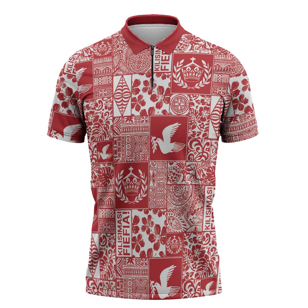 Red Tonga Kilisimasi Fiefia Zipper Polo Shirt Pacific Patchwork Xmas Vibes - Polynesian Pride