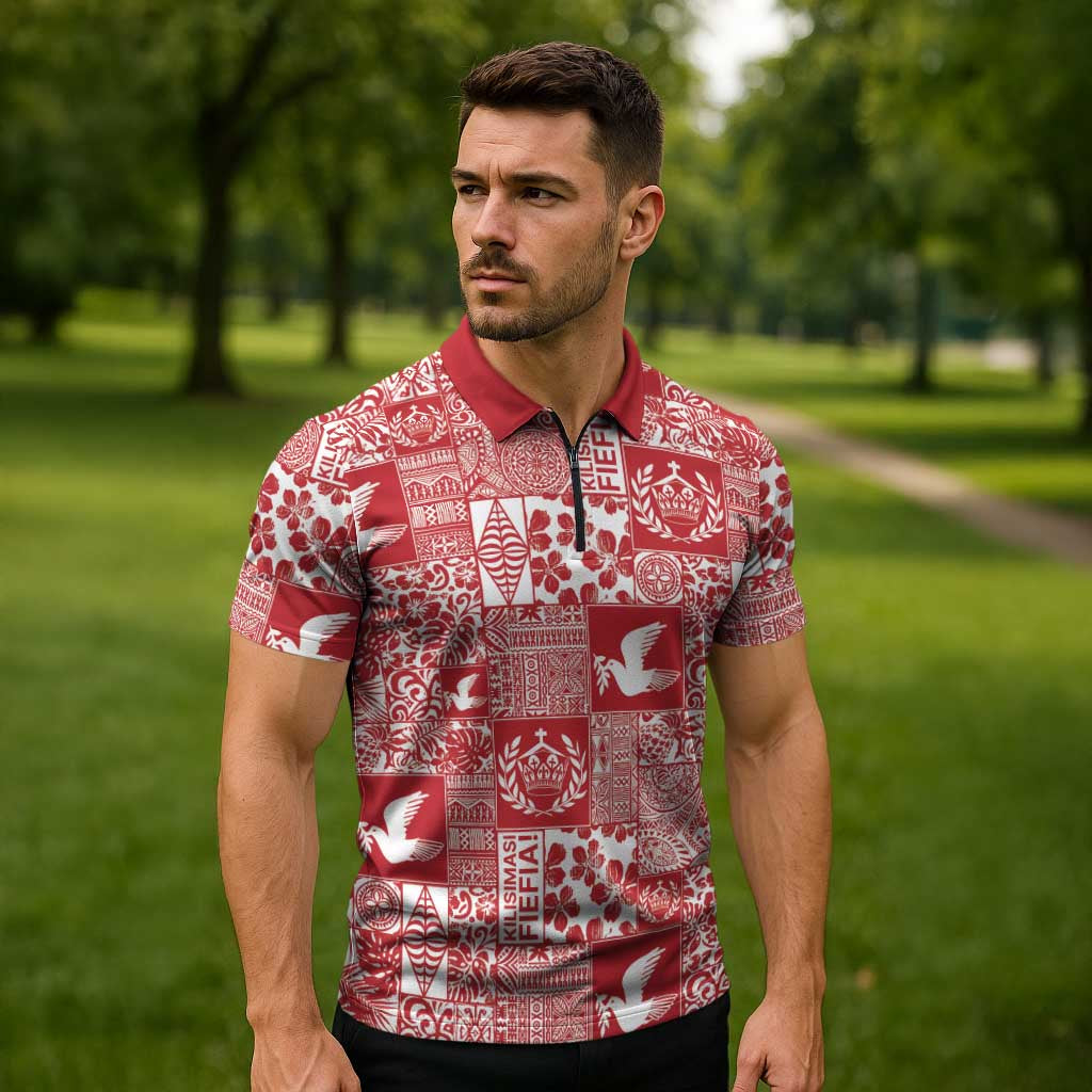 Red Tonga Kilisimasi Fiefia Zipper Polo Shirt Pacific Patchwork Xmas Vibes - Polynesian Pride