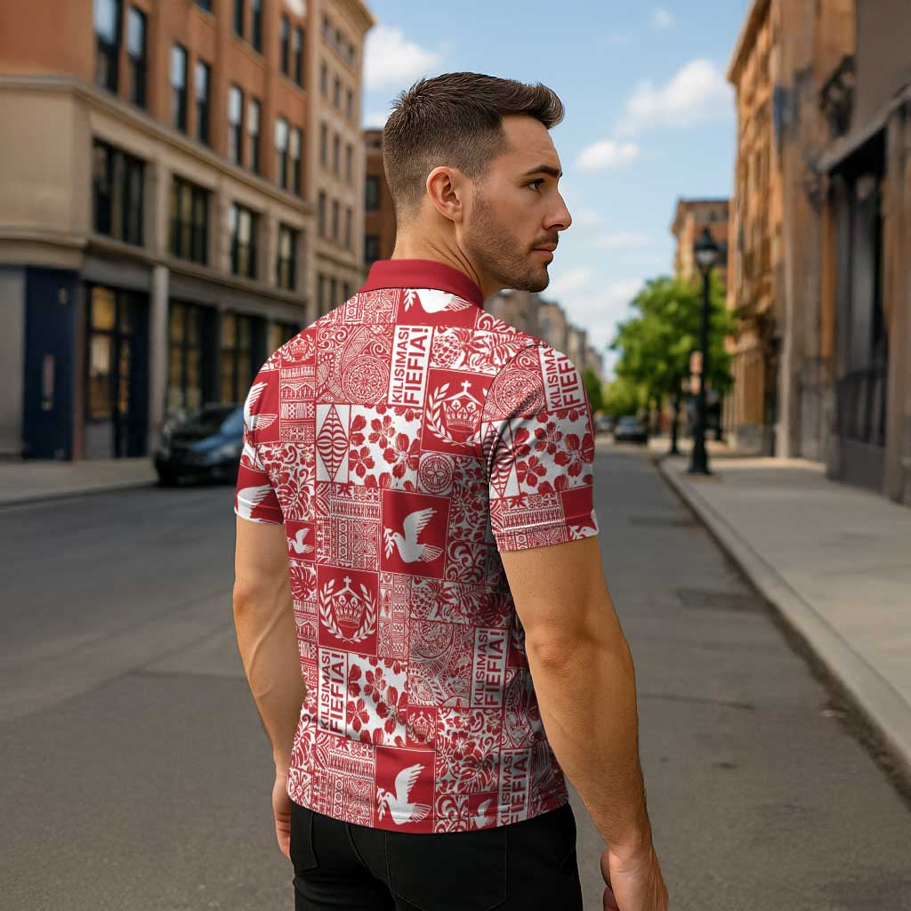 Red Tonga Kilisimasi Fiefia Zipper Polo Shirt Pacific Patchwork Xmas Vibes - Polynesian Pride