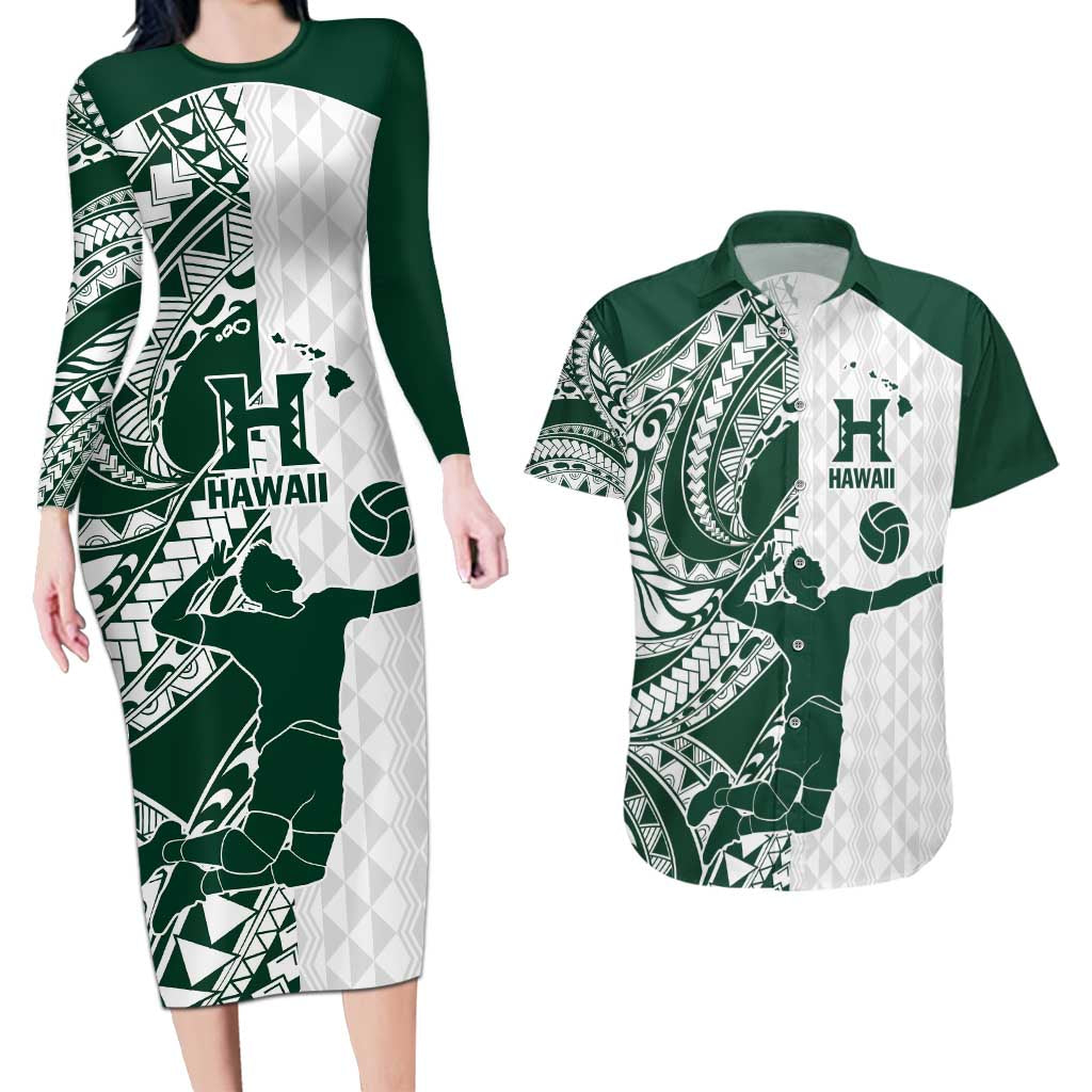 Polynesian Hawaii Volleyball Custom Couples Matching Long Sleeve Bodycon Dress and Hawaiian Shirt Kakau with Sport Style LT9 White - Polynesian Pride