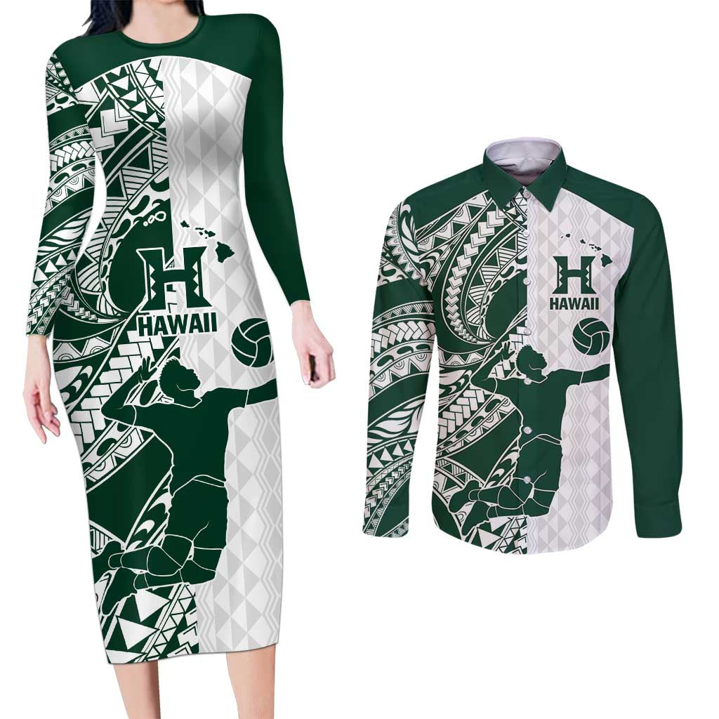Polynesian Hawaii Volleyball Custom Couples Matching Long Sleeve Bodycon Dress and Long Sleeve Button Shirt Kakau with Sport Style LT9 White - Polynesian Pride