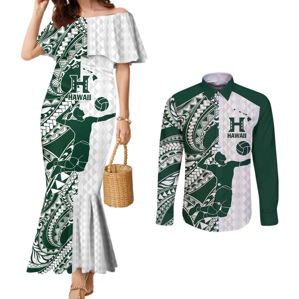 Polynesian Hawaii Volleyball Custom Couples Matching Mermaid Dress and Long Sleeve Button Shirt Kakau with Sport Style LT9 White - Polynesian Pride