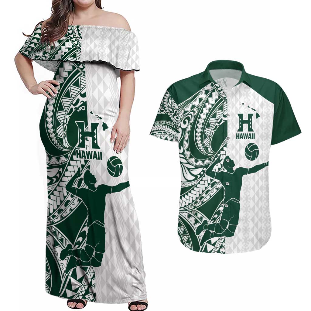 Polynesian Hawaii Volleyball Custom Couples Matching Off Shoulder Maxi Dress and Hawaiian Shirt Kakau with Sport Style LT9 White - Polynesian Pride