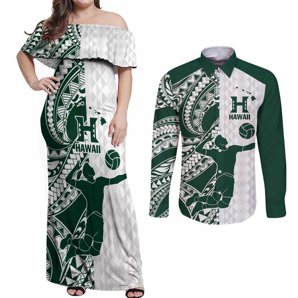 Polynesian Hawaii Volleyball Custom Couples Matching Off Shoulder Maxi Dress and Long Sleeve Button Shirt Kakau with Sport Style LT9 White - Polynesian Pride