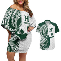 Polynesian Hawaii Volleyball Custom Couples Matching Off Shoulder Short Dress and Hawaiian Shirt Kakau with Sport Style LT9 White - Polynesian Pride