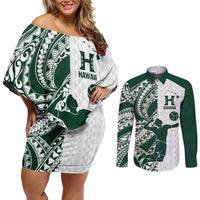 Polynesian Hawaii Volleyball Custom Couples Matching Off Shoulder Short Dress and Long Sleeve Button Shirt Kakau with Sport Style LT9 White - Polynesian Pride