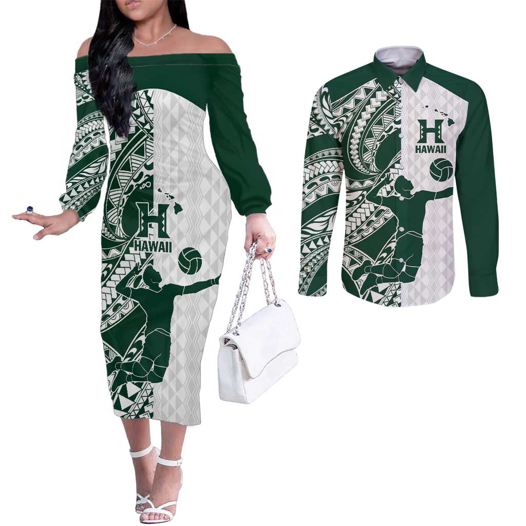 Polynesian Hawaii Volleyball Custom Couples Matching Off The Shoulder Long Sleeve Dress and Long Sleeve Button Shirt Kakau with Sport Style LT9 White - Polynesian Pride