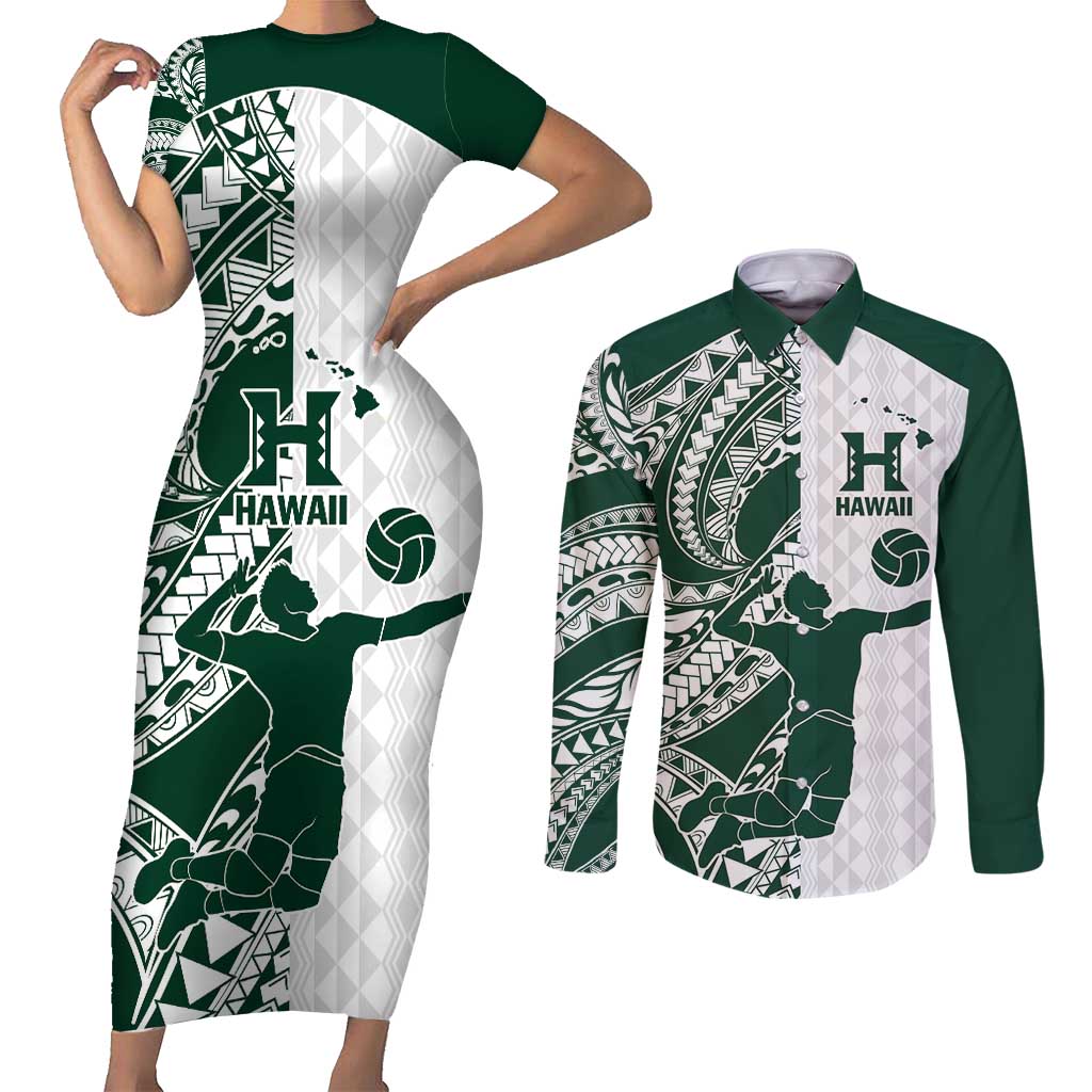 Polynesian Hawaii Volleyball Custom Couples Matching Short Sleeve Bodycon Dress and Long Sleeve Button Shirt Kakau with Sport Style LT9 White - Polynesian Pride