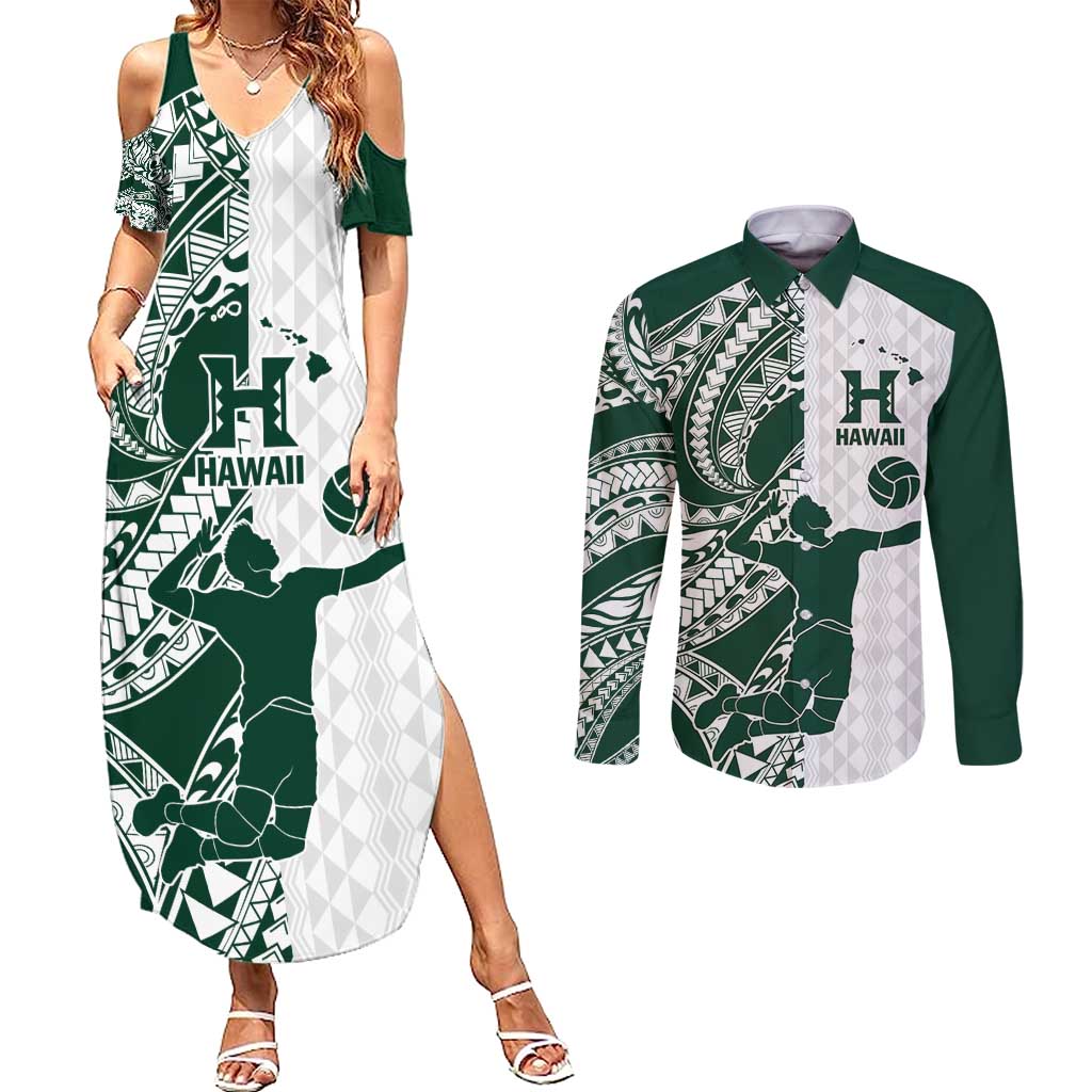 Polynesian Hawaii Volleyball Custom Couples Matching Summer Maxi Dress and Long Sleeve Button Shirt Kakau with Sport Style LT9 White - Polynesian Pride