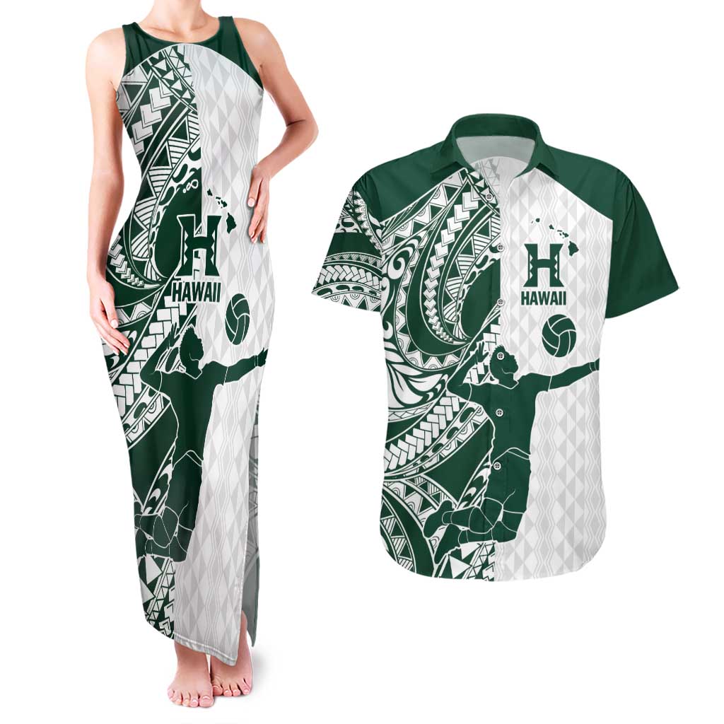 Polynesian Hawaii Volleyball Custom Couples Matching Tank Maxi Dress and Hawaiian Shirt Kakau with Sport Style LT9 White - Polynesian Pride