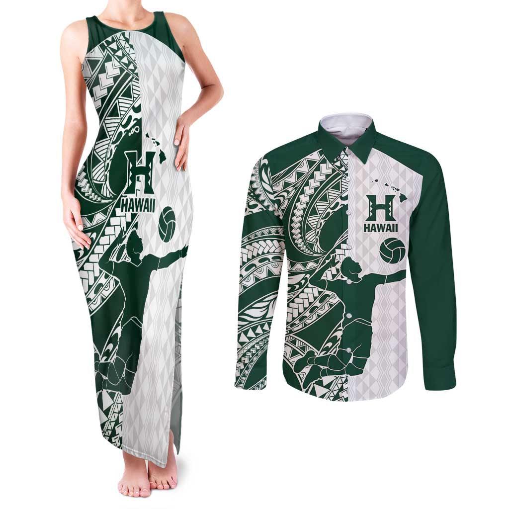 Polynesian Hawaii Volleyball Custom Couples Matching Tank Maxi Dress and Long Sleeve Button Shirt Kakau with Sport Style LT9 White - Polynesian Pride