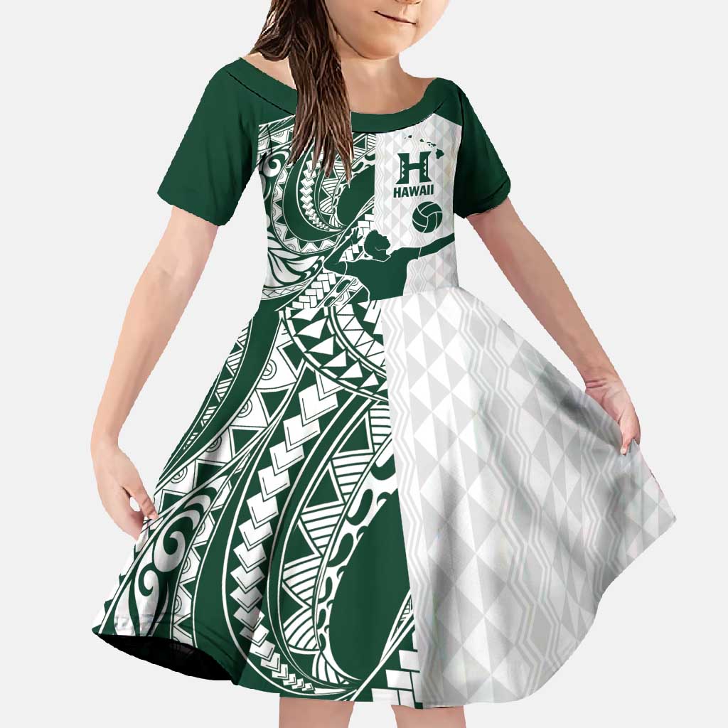 Polynesian Hawaii Volleyball Custom Family Matching Off Shoulder Maxi Dress and Hawaiian Shirt Kakau with Sport Style LT9 Daughter's Dress White - Polynesian Pride