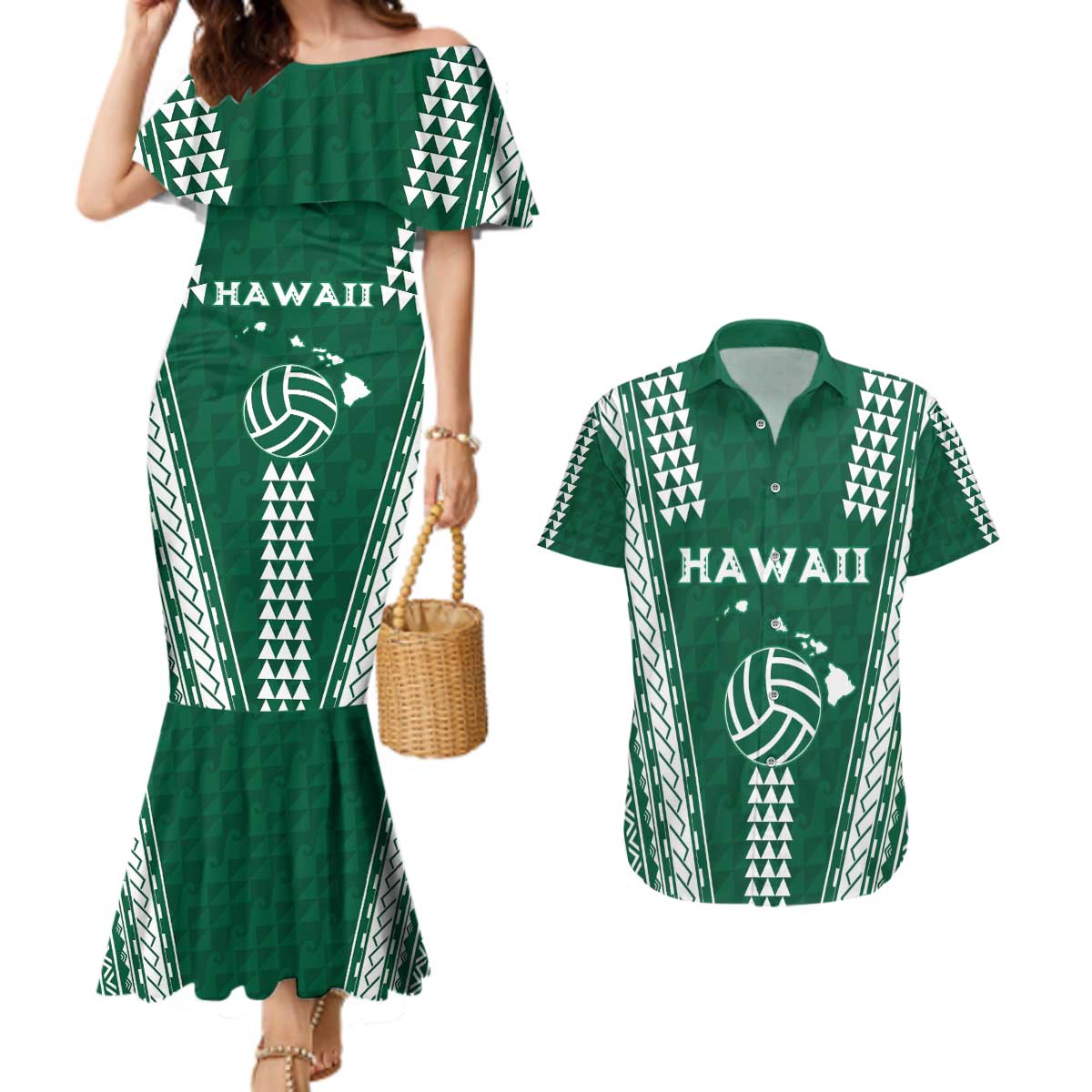 Polynesian Hawaii Volleyball Custom Couples Matching Mermaid Dress and Hawaiian Shirt Green Kakau with Map Motif LT9 Green - Polynesian Pride
