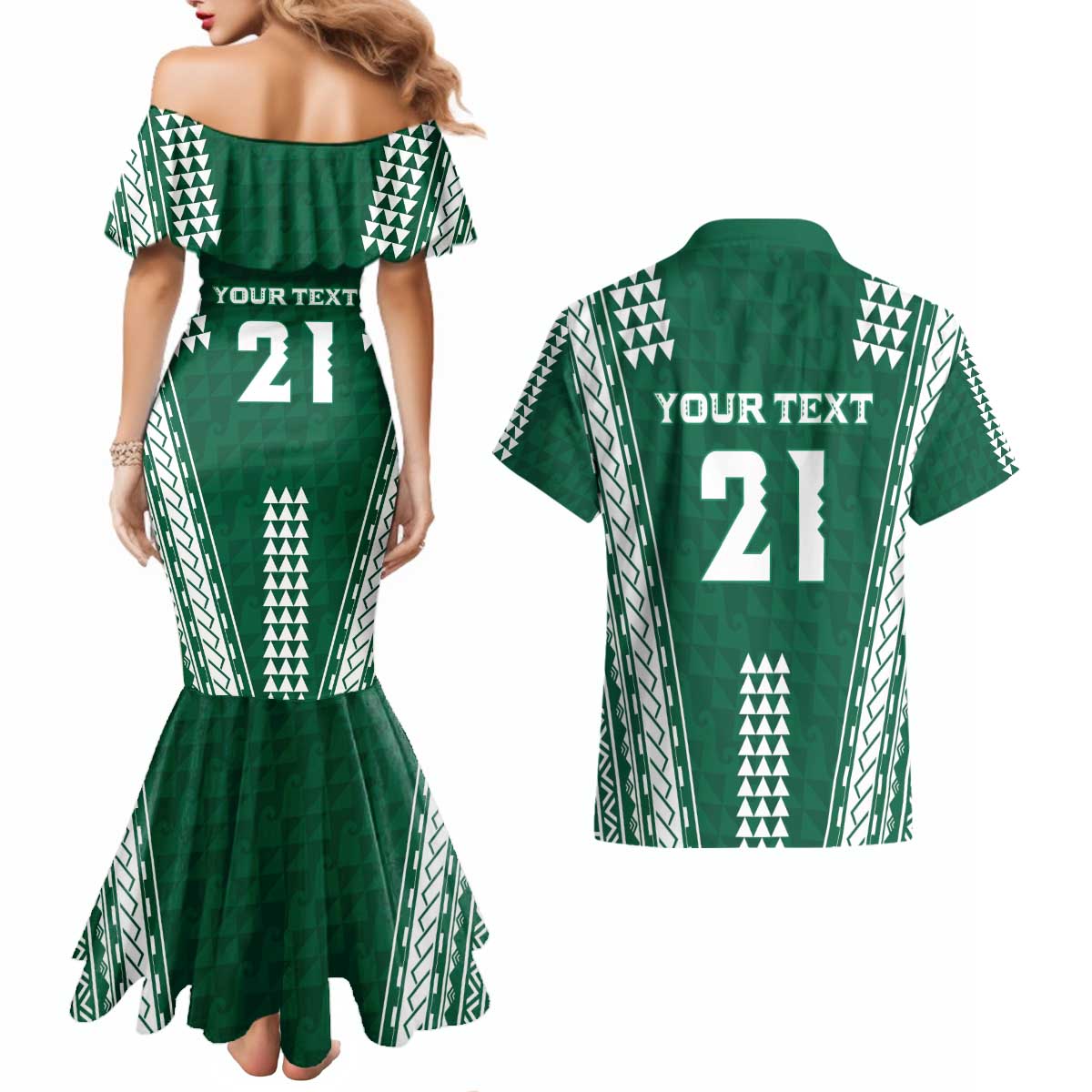 Polynesian Hawaii Volleyball Custom Couples Matching Mermaid Dress and Hawaiian Shirt Green Kakau with Map Motif LT9 - Polynesian Pride