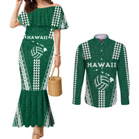 Polynesian Hawaii Volleyball Custom Couples Matching Mermaid Dress and Long Sleeve Button Shirt Green Kakau with Map Motif LT9 Green - Polynesian Pride