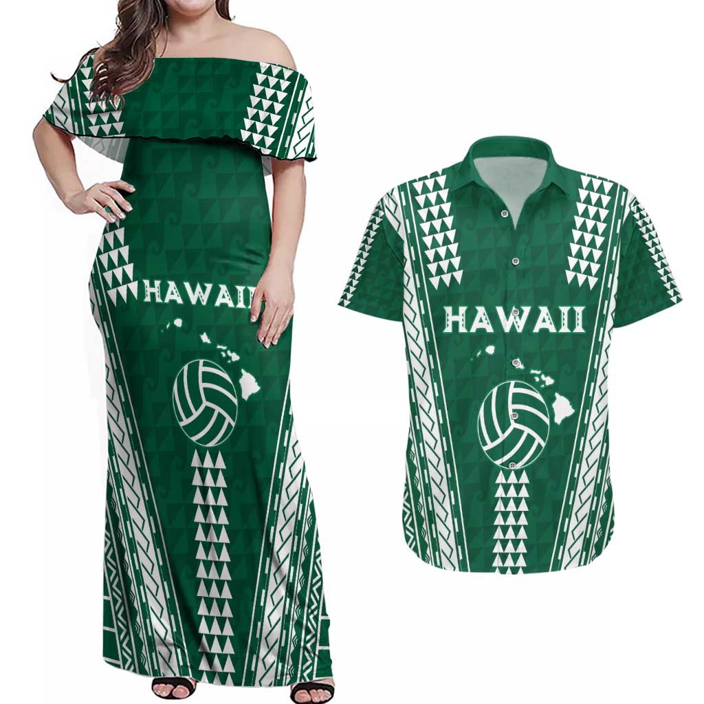Polynesian Hawaii Volleyball Custom Couples Matching Off Shoulder Maxi Dress and Hawaiian Shirt Green Kakau with Map Motif LT9 Green - Polynesian Pride