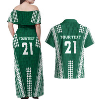 Polynesian Hawaii Volleyball Custom Couples Matching Off Shoulder Maxi Dress and Hawaiian Shirt Green Kakau with Map Motif LT9 - Polynesian Pride