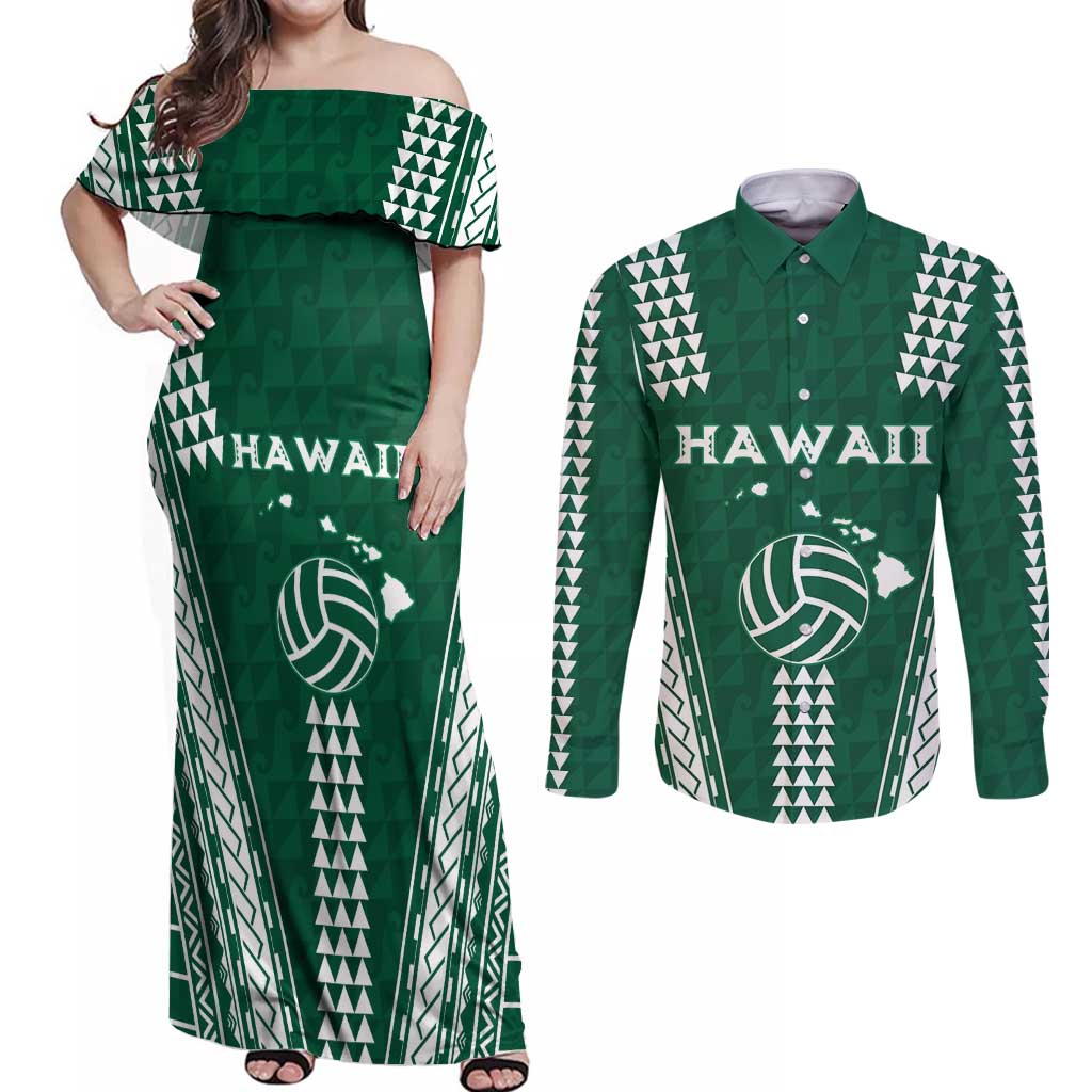 Polynesian Hawaii Volleyball Custom Couples Matching Off Shoulder Maxi Dress and Long Sleeve Button Shirt Green Kakau with Map Motif LT9 Green - Polynesian Pride