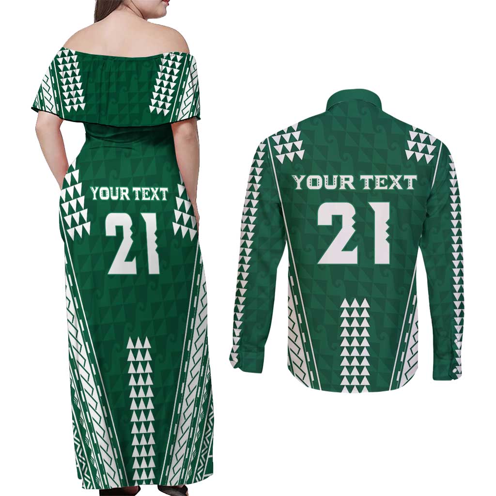 Polynesian Hawaii Volleyball Custom Couples Matching Off Shoulder Maxi Dress and Long Sleeve Button Shirt Green Kakau with Map Motif LT9 - Polynesian Pride