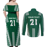 Polynesian Hawaii Volleyball Custom Couples Matching Off Shoulder Maxi Dress and Long Sleeve Button Shirt Green Kakau with Map Motif LT9 - Polynesian Pride