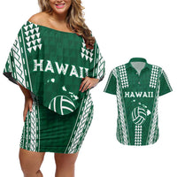 Polynesian Hawaii Volleyball Custom Couples Matching Off Shoulder Short Dress and Hawaiian Shirt Green Kakau with Map Motif LT9 Green - Polynesian Pride