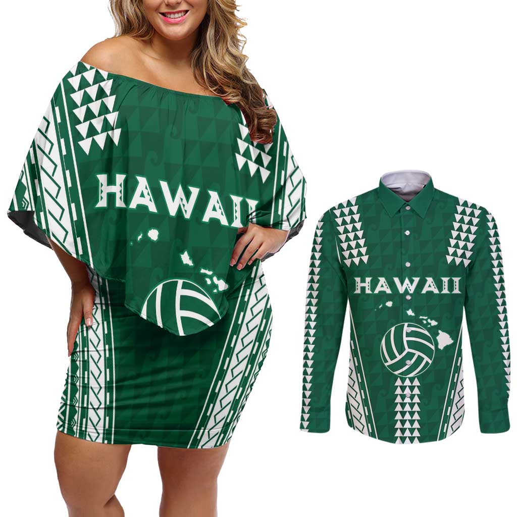 Polynesian Hawaii Volleyball Custom Couples Matching Off Shoulder Short Dress and Long Sleeve Button Shirt Green Kakau with Map Motif LT9 Green - Polynesian Pride