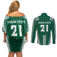 Polynesian Hawaii Volleyball Custom Couples Matching Off Shoulder Short Dress and Long Sleeve Button Shirt Green Kakau with Map Motif LT9 - Polynesian Pride