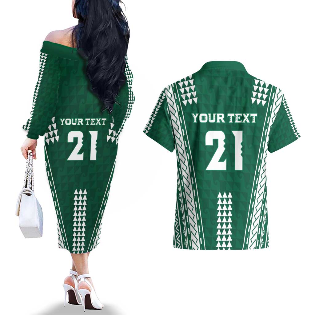 Polynesian Hawaii Volleyball Custom Couples Matching Off The Shoulder Long Sleeve Dress and Hawaiian Shirt Green Kakau with Map Motif LT9 - Polynesian Pride