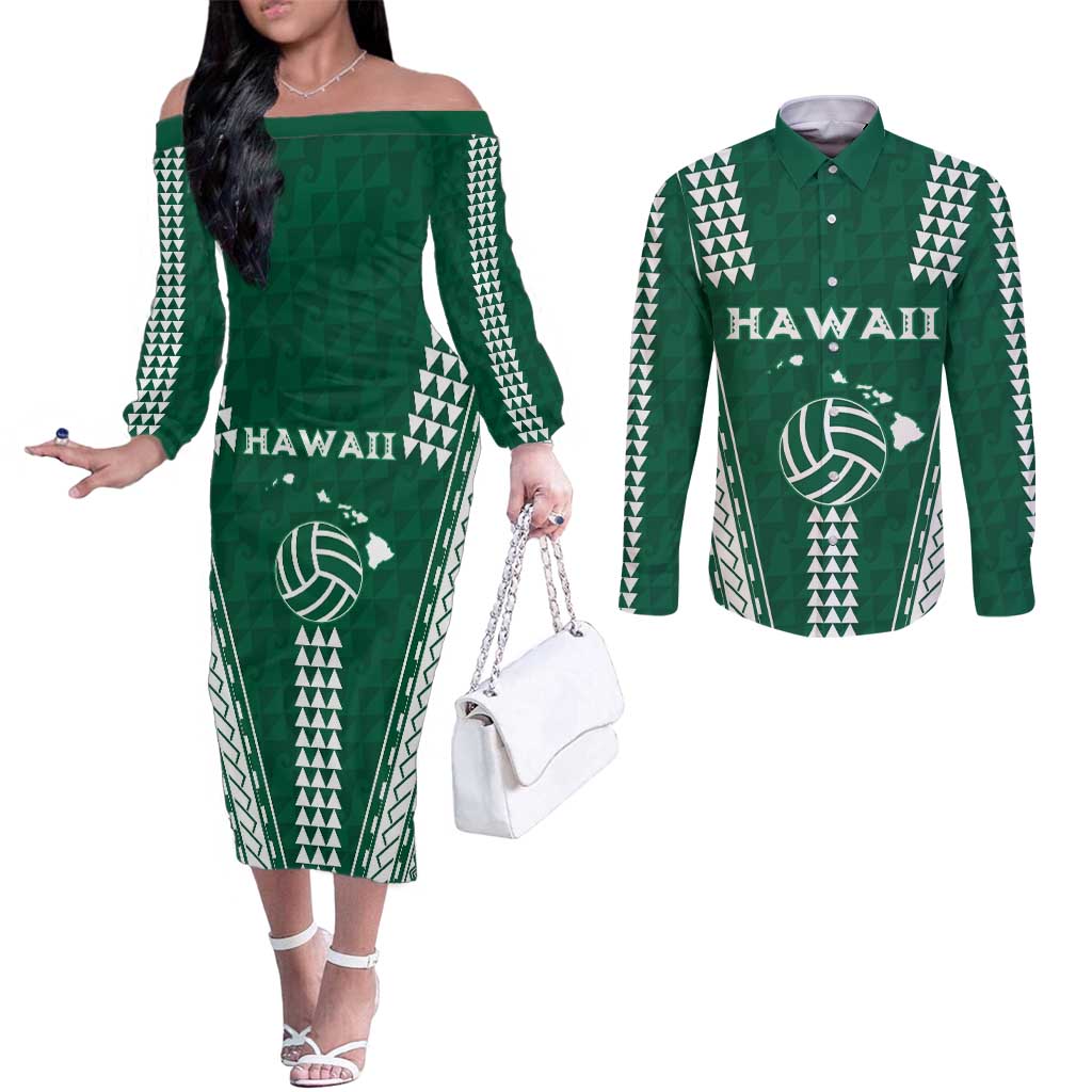 Polynesian Hawaii Volleyball Custom Couples Matching Off The Shoulder Long Sleeve Dress and Long Sleeve Button Shirt Green Kakau with Map Motif LT9 Green - Polynesian Pride
