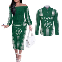 Polynesian Hawaii Volleyball Custom Couples Matching Off The Shoulder Long Sleeve Dress and Long Sleeve Button Shirt Green Kakau with Map Motif LT9 Green - Polynesian Pride