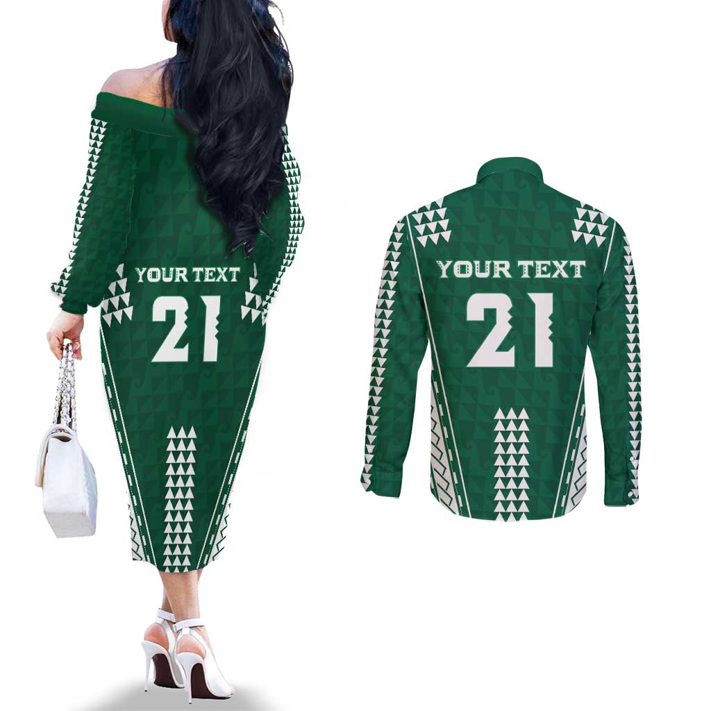 Polynesian Hawaii Volleyball Custom Couples Matching Off The Shoulder Long Sleeve Dress and Long Sleeve Button Shirt Green Kakau with Map Motif LT9 - Polynesian Pride