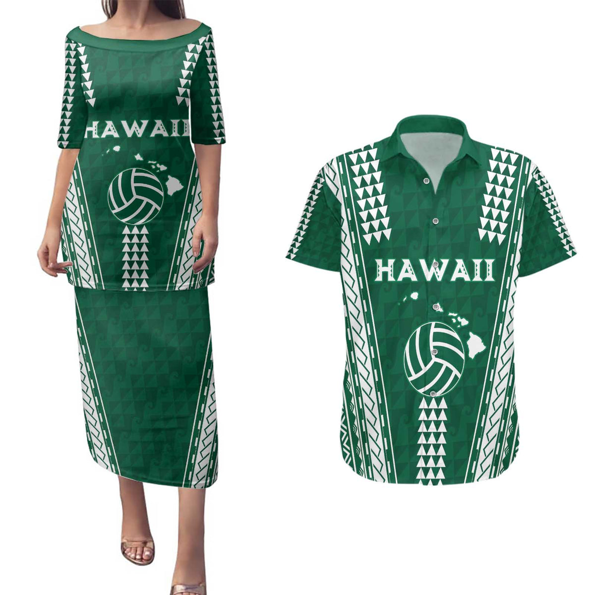 Polynesian Hawaii Volleyball Custom Couples Matching Puletasi and Hawaiian Shirt Green Kakau with Map Motif LT9 Green - Polynesian Pride