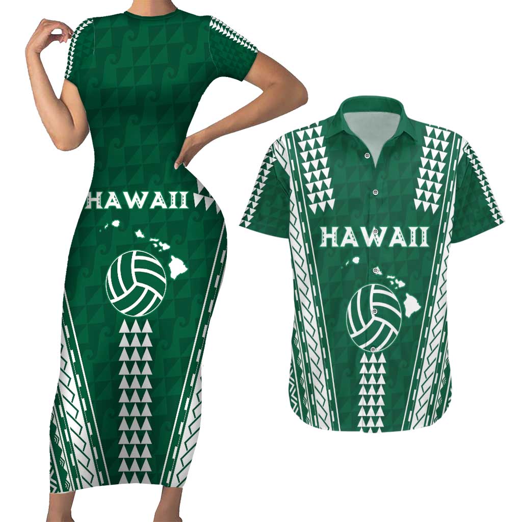 Polynesian Hawaii Volleyball Custom Couples Matching Short Sleeve Bodycon Dress and Hawaiian Shirt Green Kakau with Map Motif LT9 Green - Polynesian Pride